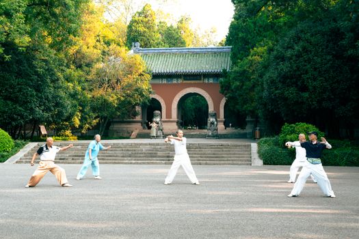 A group practicing Tai Chi near Linggu Temple in Nanjing, China, surrounded by lush green trees.
