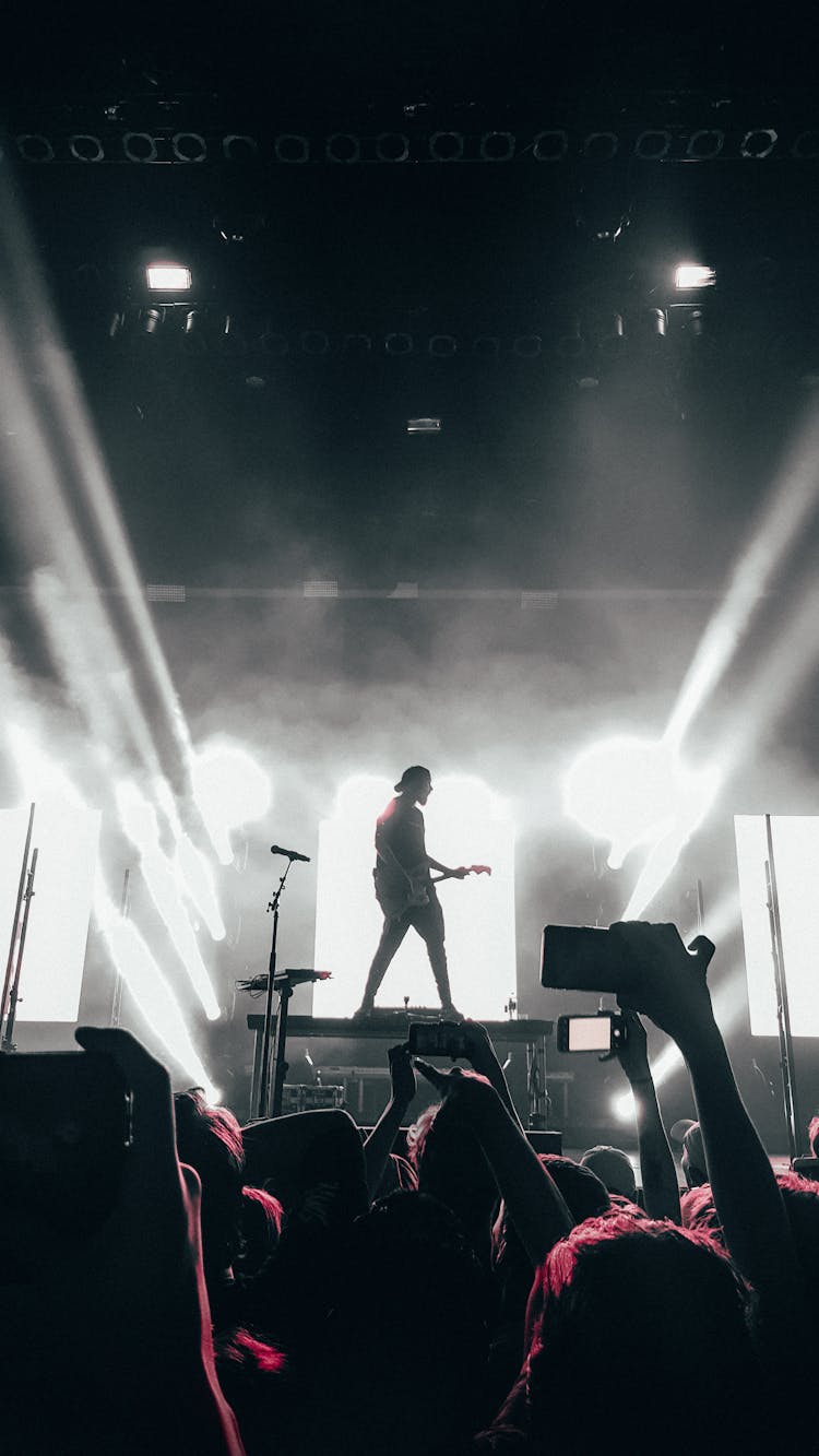 Crowd Of People Watching A Man Perform On Stage