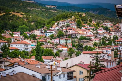 Free A vibrant hillside village with red-tiled roofs surrounded by lush green forests in daylight. Stock Photo