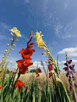 Colorful gladiolus flowers blooming in a sunny outdoor field against a vibrant blue sky.