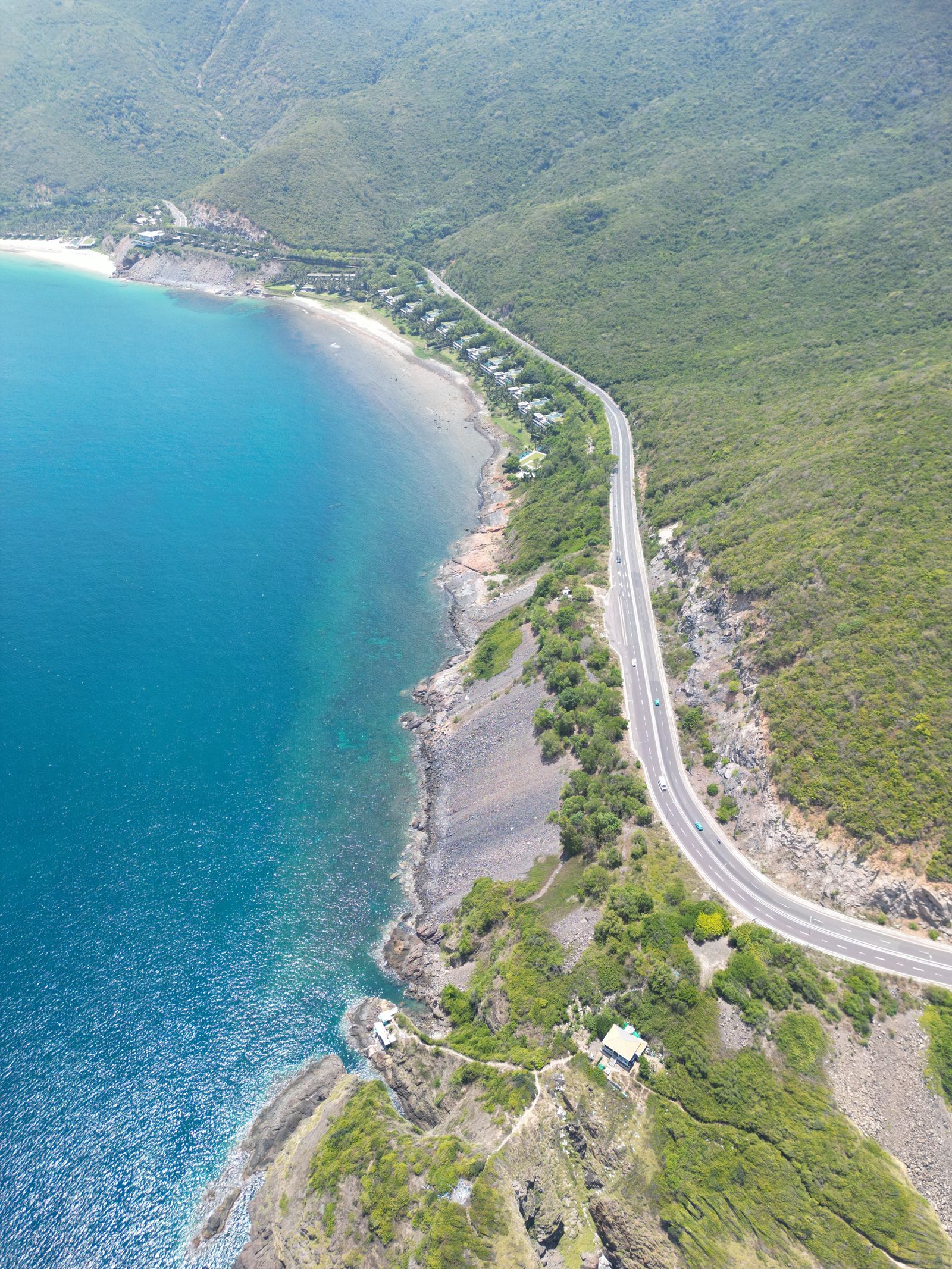 A coastal road winding along a rugged shoreline under soft morning light