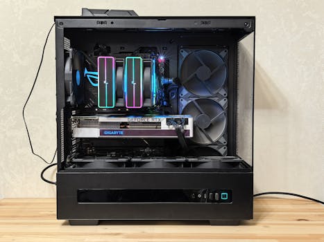 Close-up of a gaming PC with RGB lights and advanced cooling system.