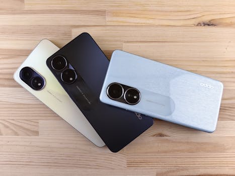 Three modern smartphones displayed on a wooden surface, showcasing design and color variants.