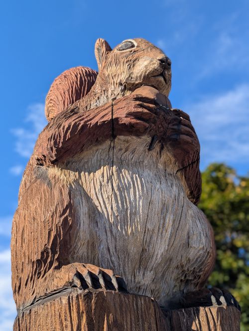 Free Close-up of a detailed squirrel wood carving set against a clear blue sky in Canada. Stock Photo