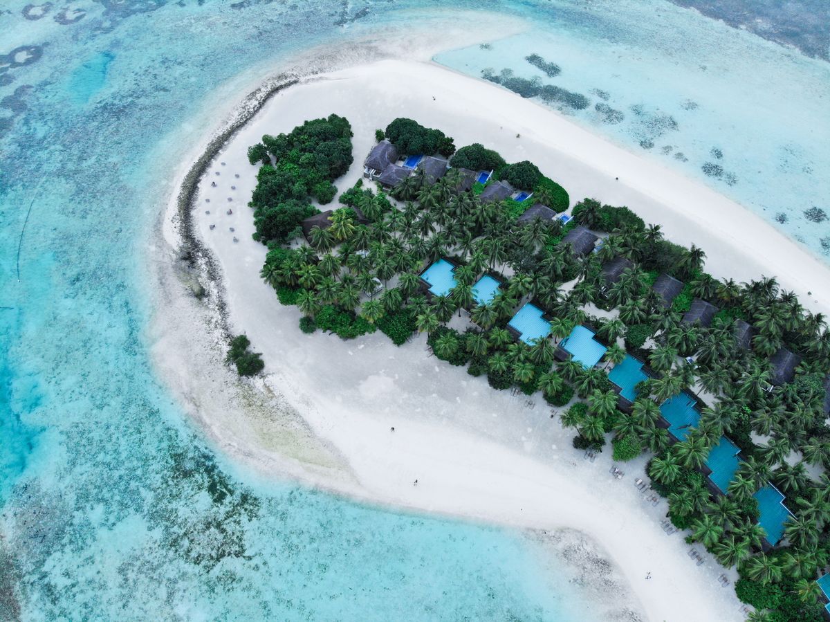 Aerial view of a lush tropical island surrounded by turquoise water, illustrative photo of the kind of mythical island setting central to Forgotten Island's story