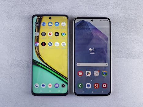 Top-down view of two modern smartphones with home screens displayed on a textured surface.