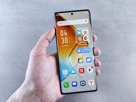 Close-up of a hand holding a smartphone displaying apps on the screen against a textured background.