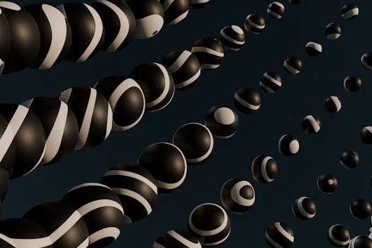 Dynamic abstract image featuring black and white spheres creating a modern aesthetic.