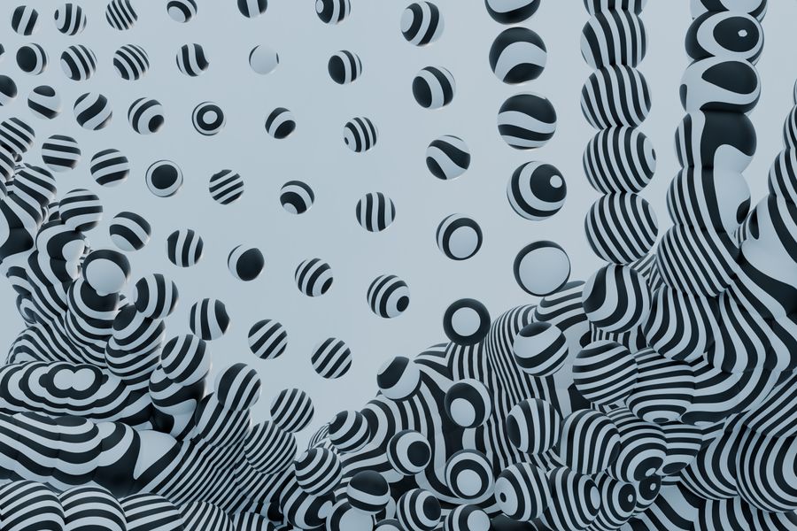 Hypnotic 3D rendering of black and white striped spheres showcasing modern abstract art.