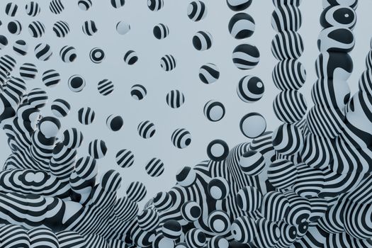 Hypnotic 3D rendering of black and white striped spheres showcasing modern abstract art.