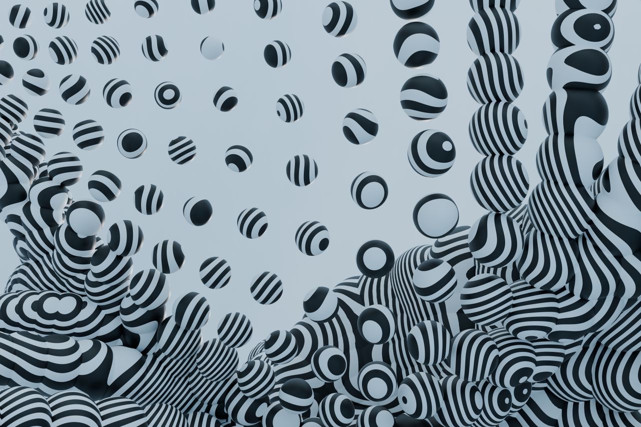 hypnotic 3d rendering of black and white striped spheres showcasing mo