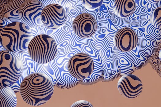 Dynamic 3D image of spheres with blue wavy patterns creating an abstract visual effect.