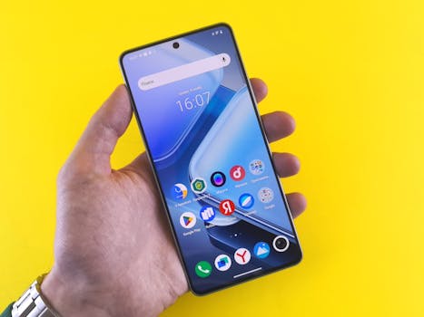 Hand holding modern smartphone with vibrant apps on a bright yellow background, showcasing sleek design.