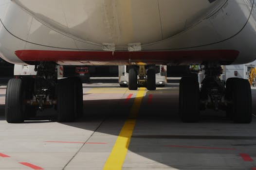 Detailed view of airplane undercarriage with wheels on tarmac at Frankfurt Airport.