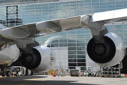 Detailed view of airplane engines at Frankfurt Airport terminal on a sunny day, showcasing modern aviation technology.