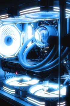 Close-up of an illuminated gaming PC showcasing advanced cooling systems and vibrant LED lights.
