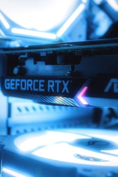 Stunning close-up of GeForce RTX graphics card with blue LED lighting, perfect for gamers and tech enthusiasts.