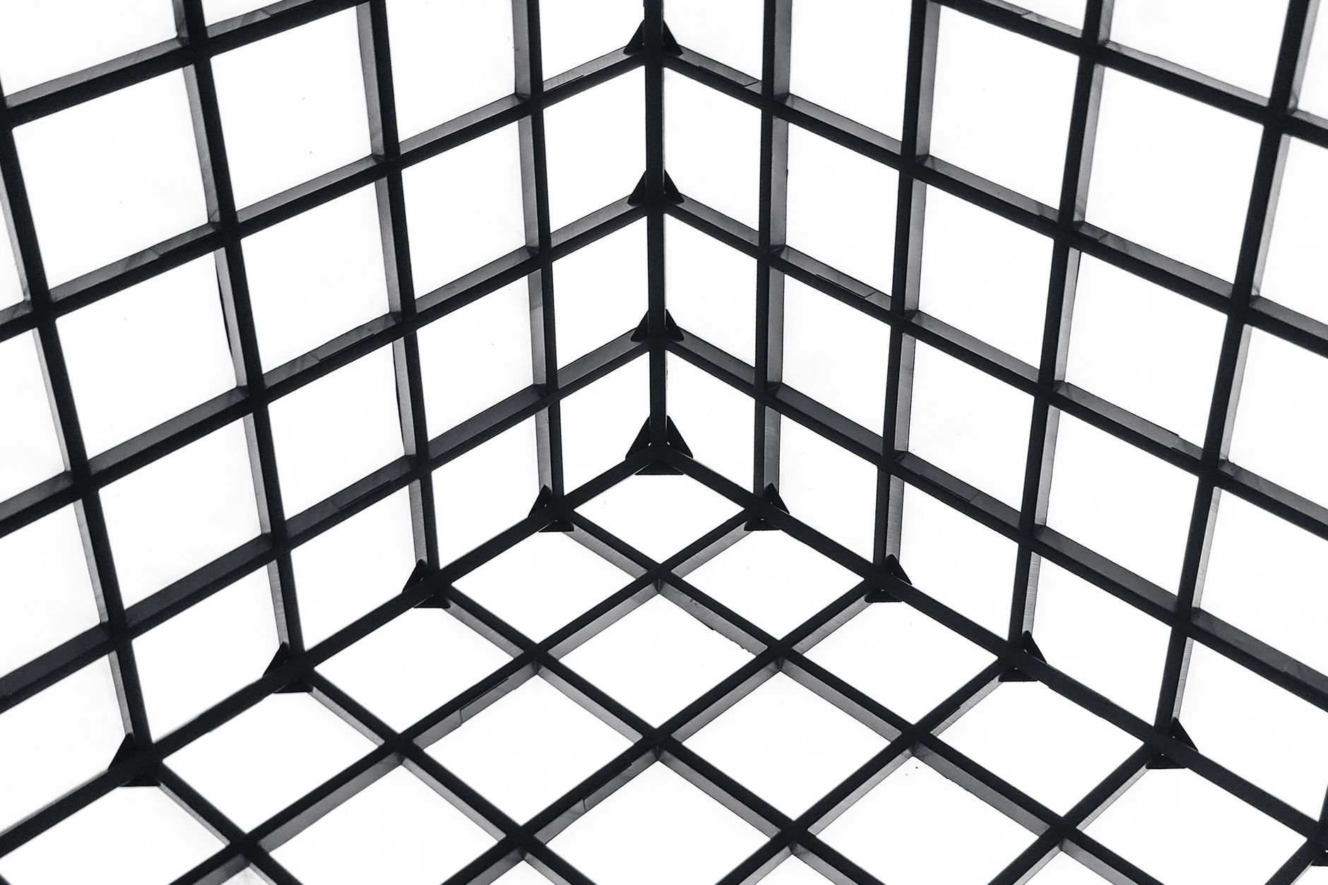 Black grid design creating geometric patterns with strong lines and angles.
