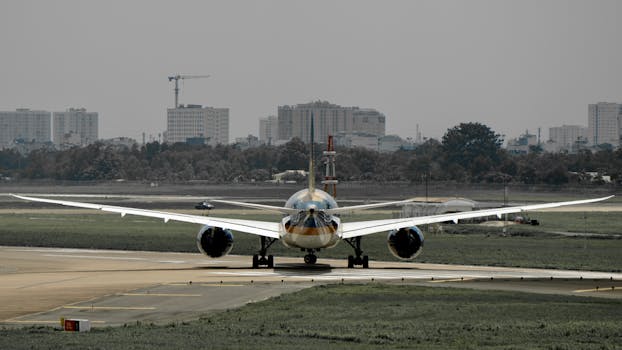 A large commercial airplane positioned on a runway with urban buildings in the distant background.