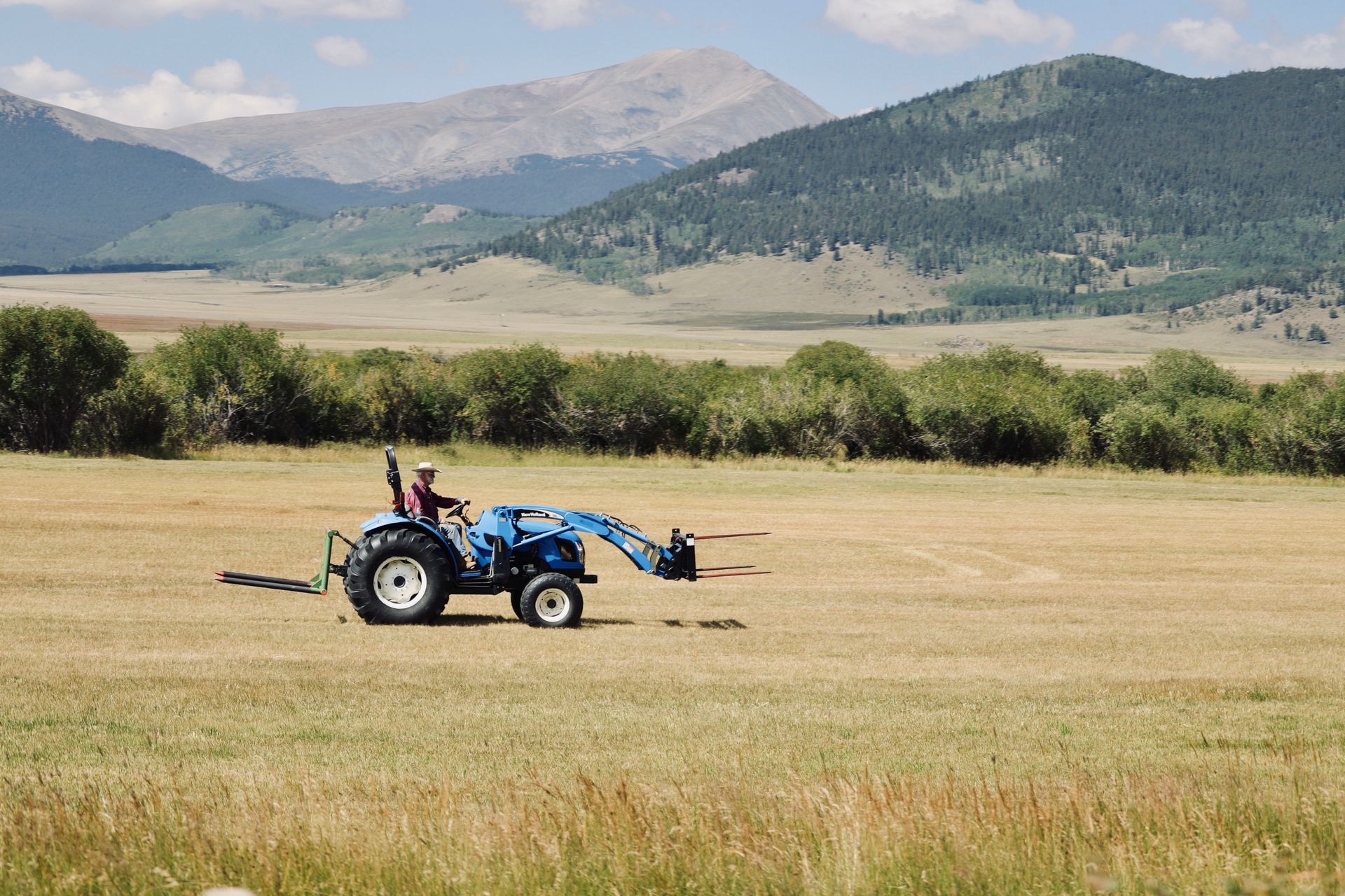 A farmer drives a blue tractor across a field with scenic mountains in the background under a bright sky.