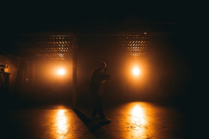 A camera rig shooting in dim light