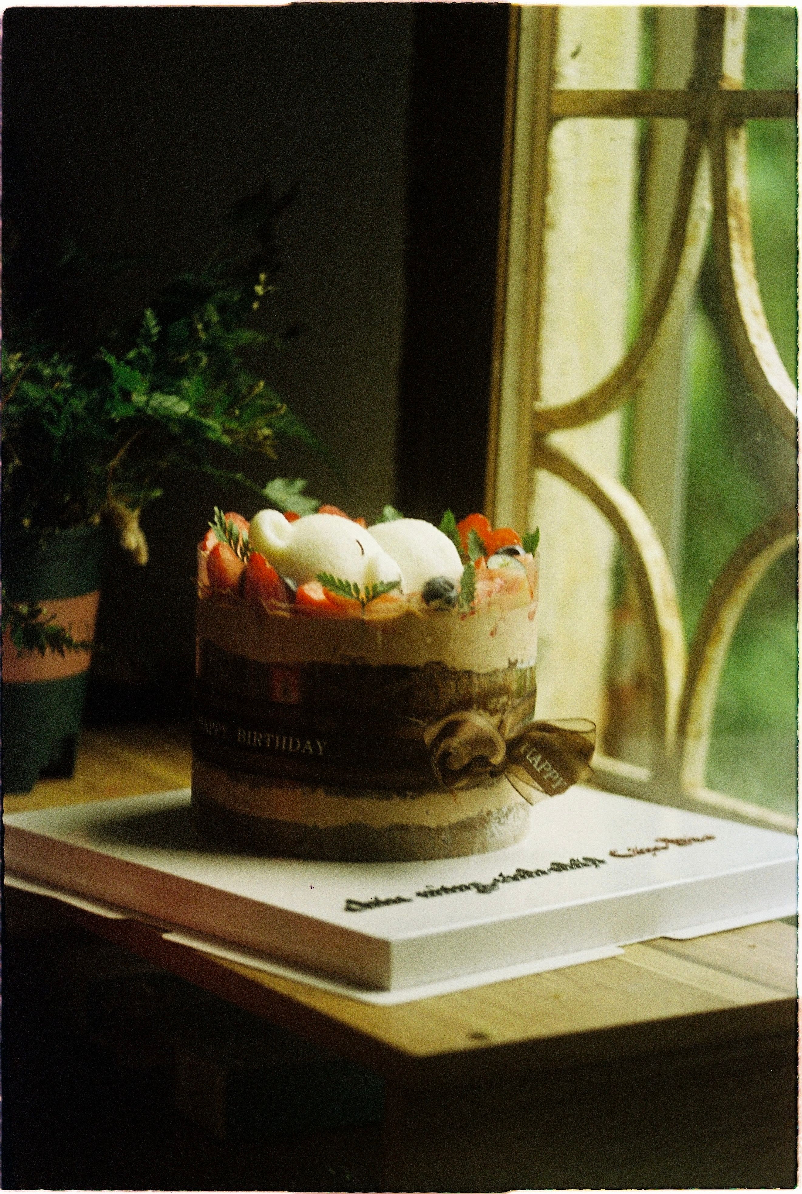 Celebrate with a rustic birthday cake illuminated by natural light from a window.