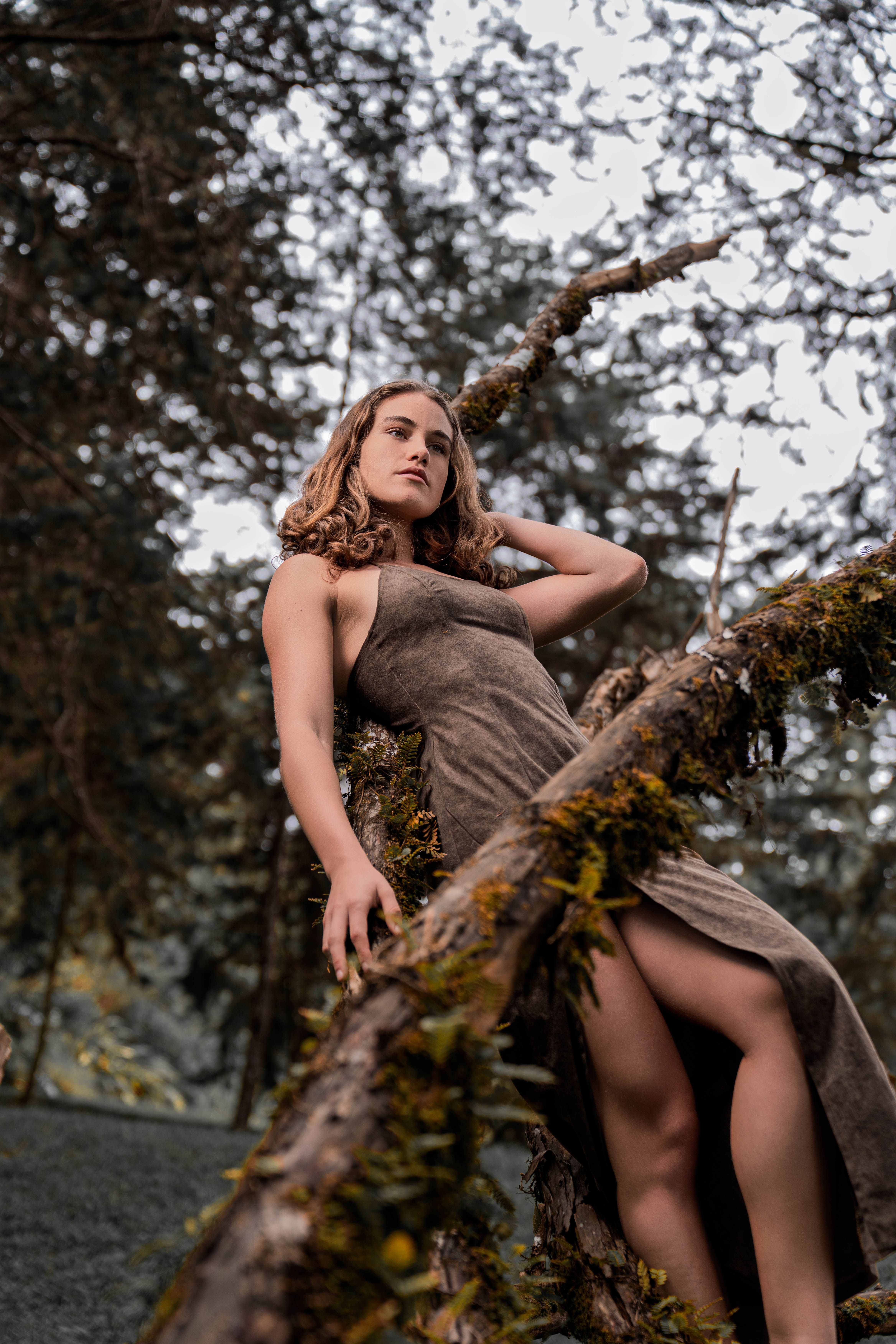 Woman in Forest Leaning on Tree Branch · Free Stock Photo