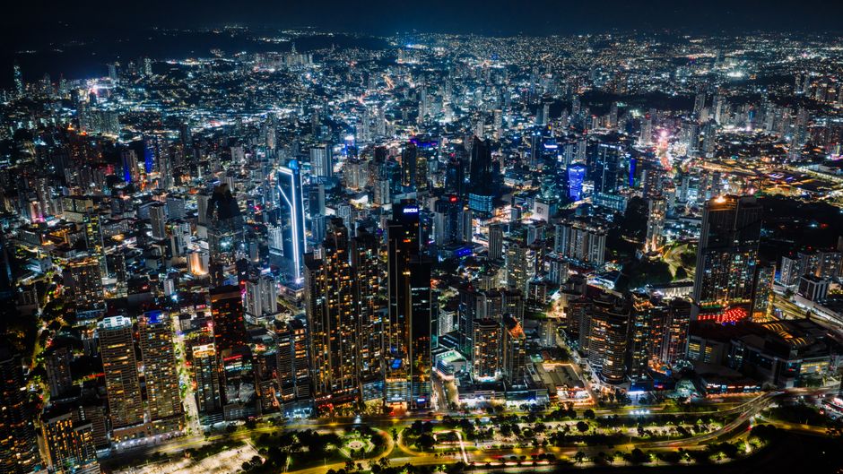 aerial view financial district skyline