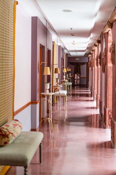 Explore the elegance of a heritage hotel corridor in Bikaner, showcasing luxurious Rajasthani design.
