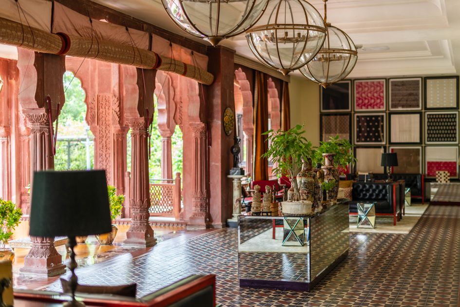 Beautifully designed hotel lobby in Bikaner, Rajasthan, showcasing elegant Indian heritage architecture and decor. Related image for hotel technology in Global hotels.