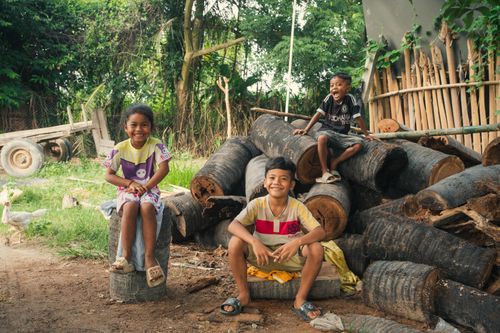 Free Three cheerful children playing near logs in a rustic outdoor setting with greenery. Stock Photo