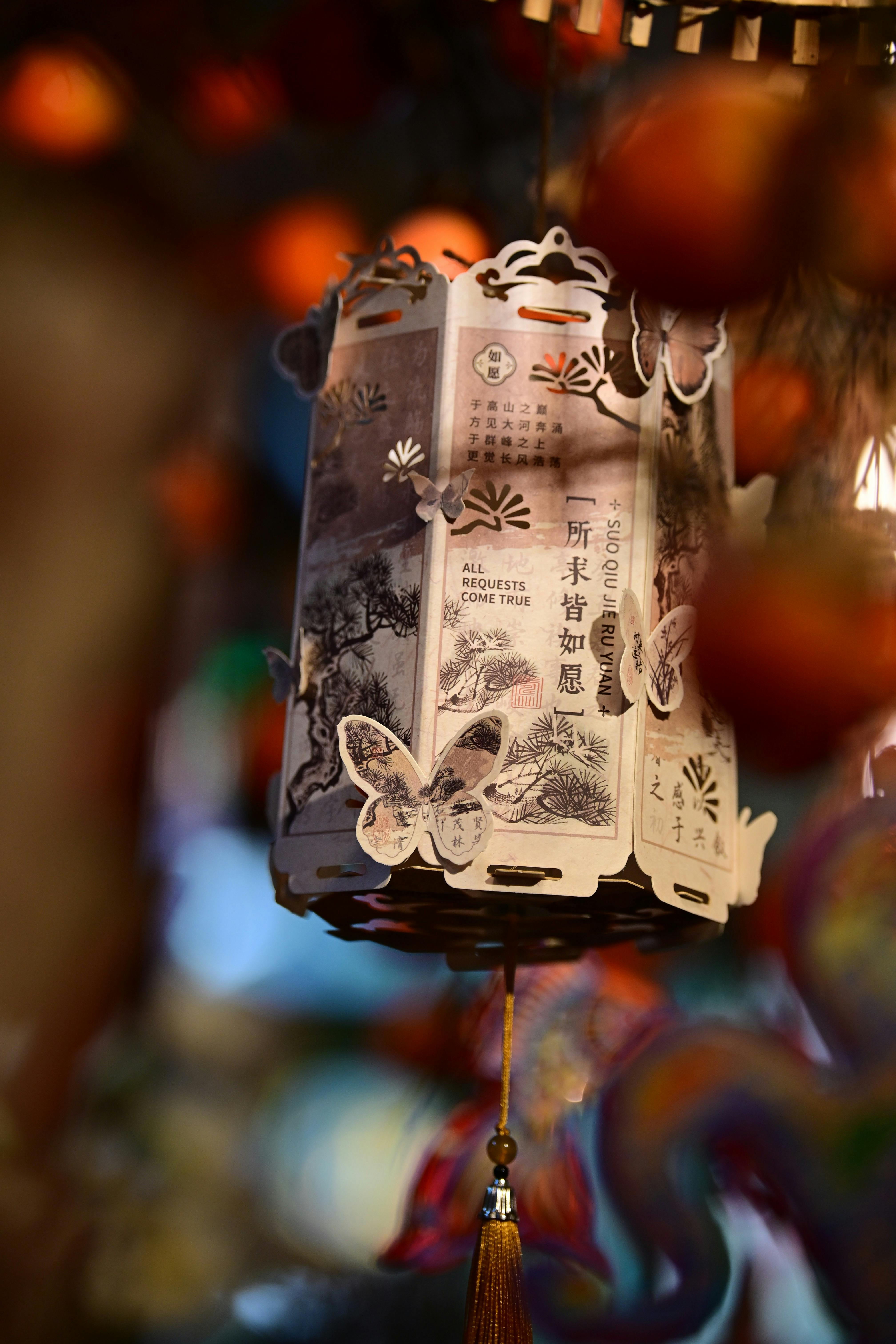 Free Close-up of a decorative lantern with intricate papercut butterflies, evoking cultural charm. Stock Photo