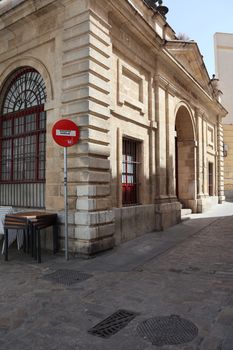 Exterior view of a historic building in Jerez de la Frontera, showcasing classic Spanish architecture.