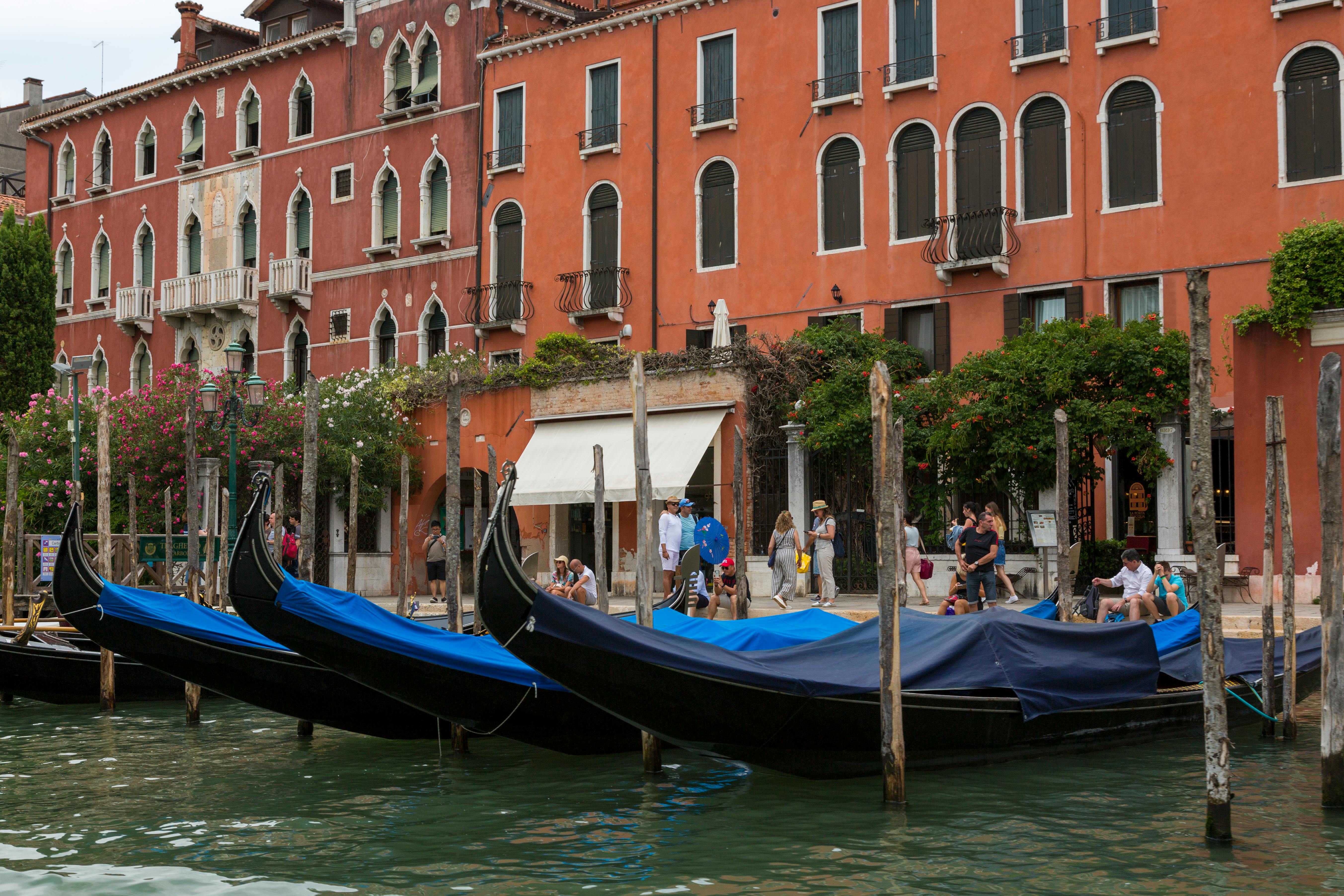 Gondolas moored along a vibrant canal in Venice, Italy featuring historic architecture.