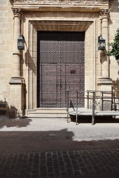 A beautifully crafted entrance of a historic church in Jerez de la Frontera, Andalucía, Spain.