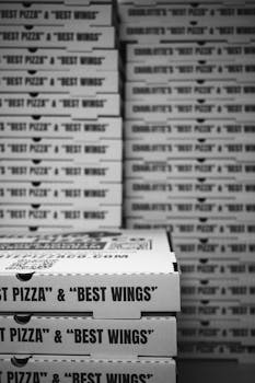Close-up of stacked pizza boxes featuring bold text advertising Charlotte's best pizza and wings.