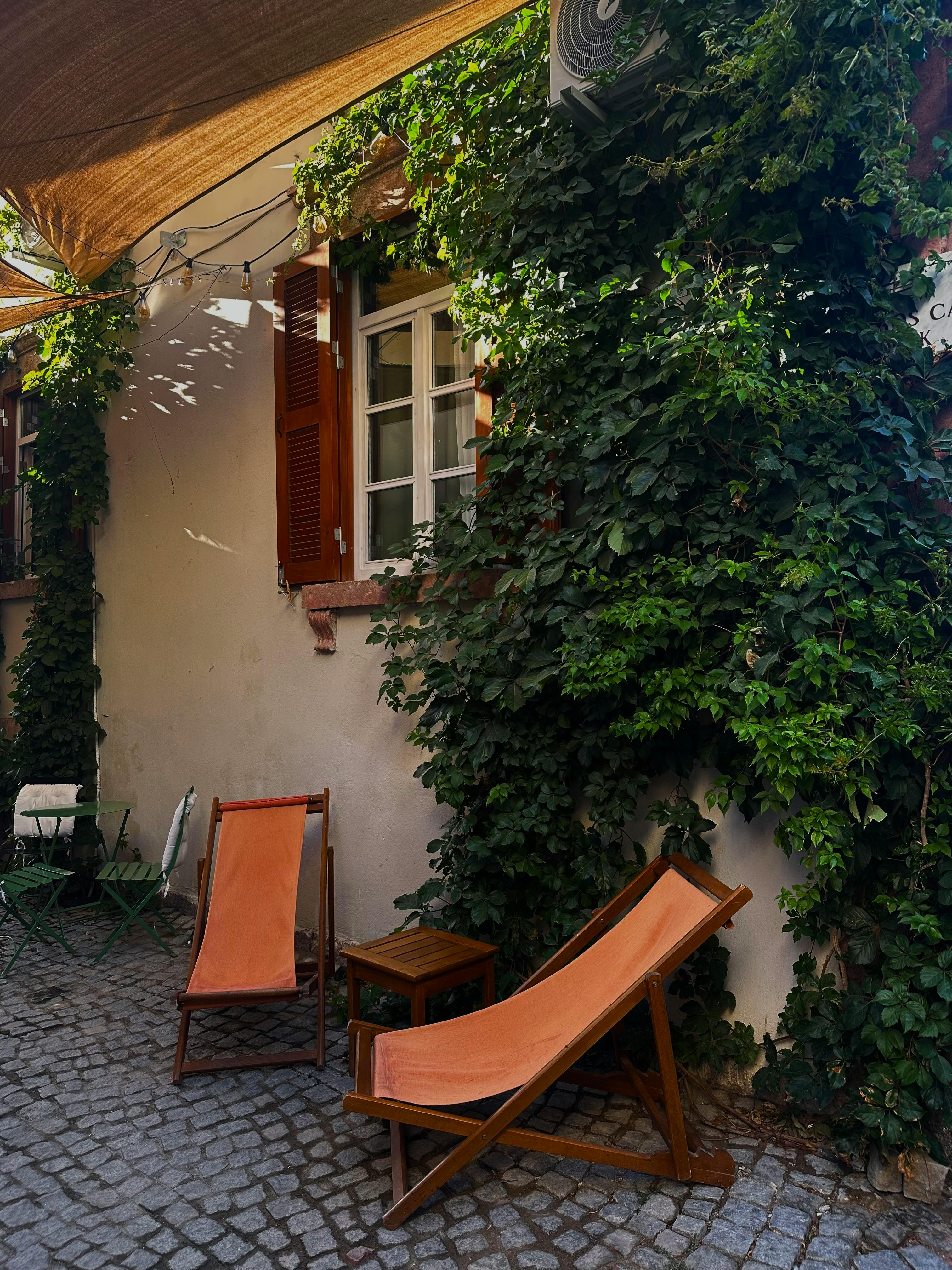 Sunlit courtyard adorned with orange deck chairs and lush plants, creating a rustic outdoor escape by photography.