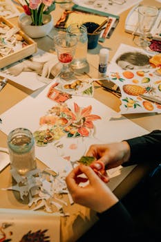 Hands creating an artistic collage with various cutouts on a table filled with art supplies.
