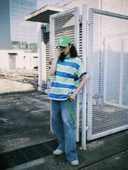 Young woman in striped shirt and cap posing on urban rooftop.