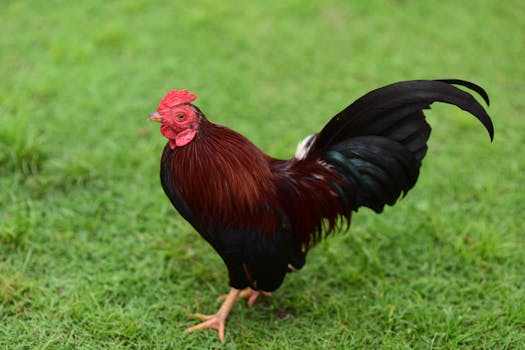 Vibrant rooster standing on lush green grass in a natural setting.