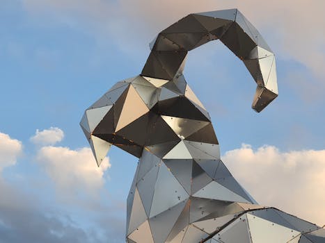 A geometric metal sculpture set against a bright sky with clouds, showcasing modern design.
