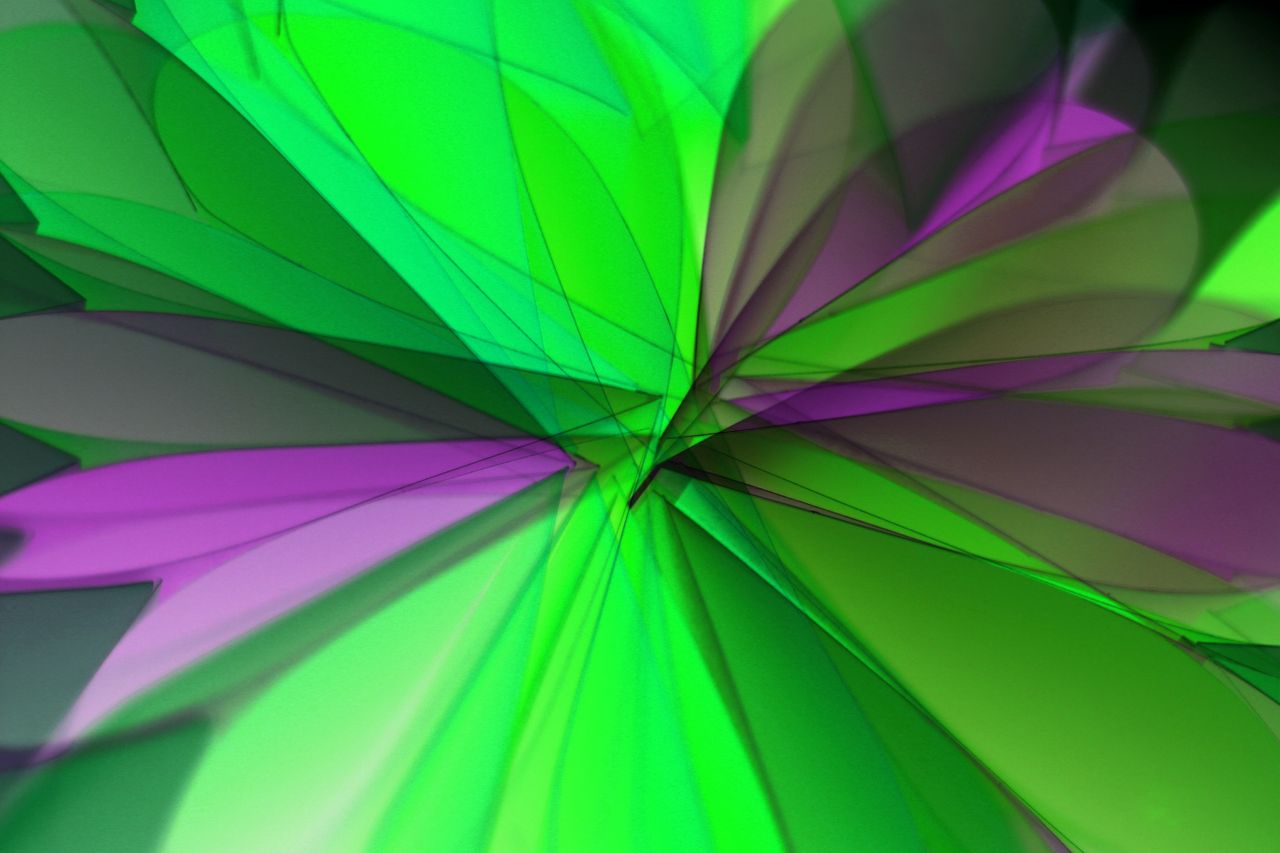 colorful abstract art featuring dynamic green and purple shapes on a d