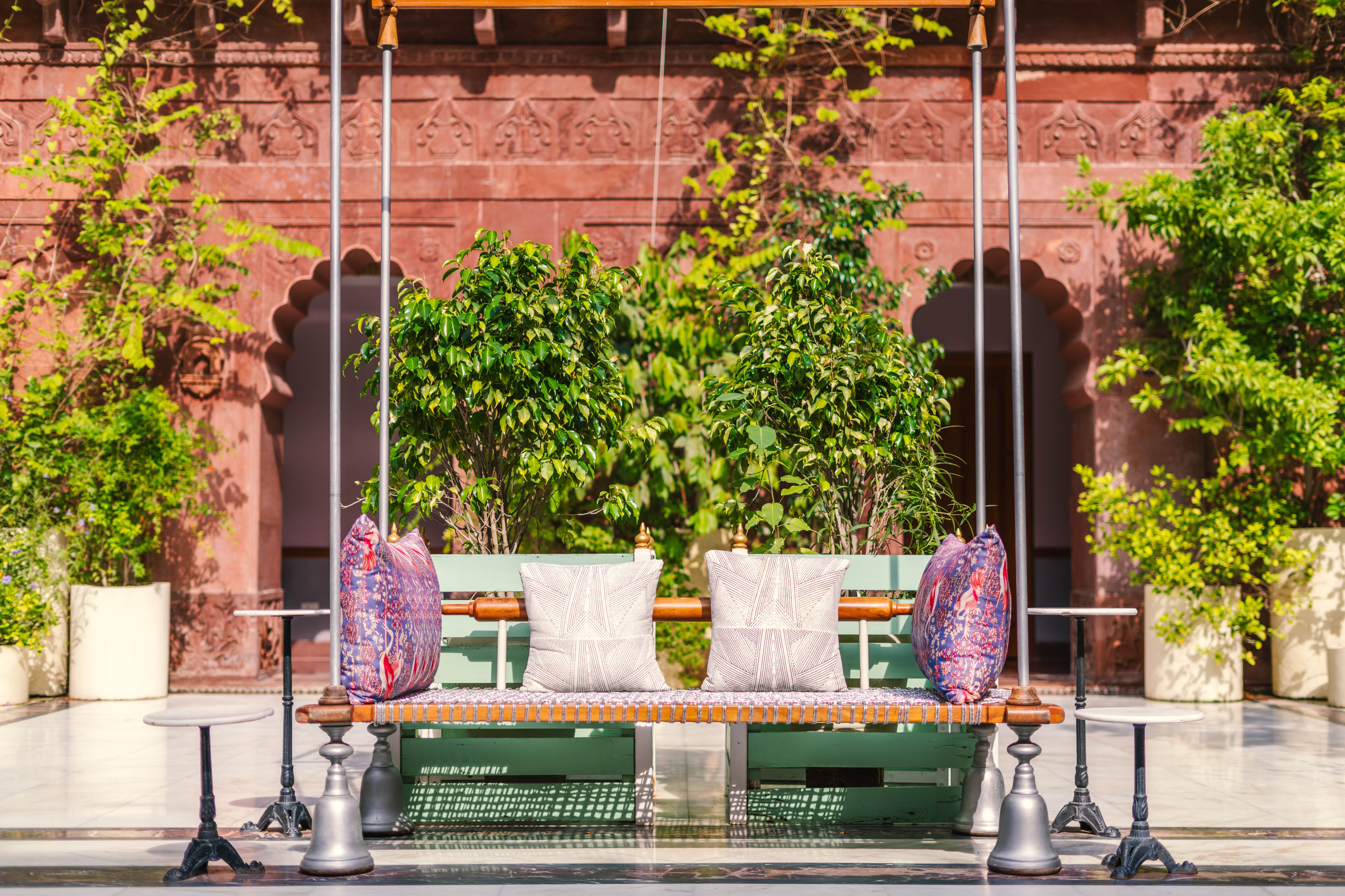 Beautifully ornate courtyard in Bikaner showcasing traditional Rajasthani architecture and design.