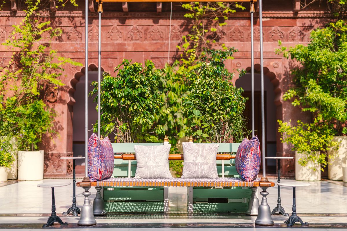 Beautifully ornate courtyard in Bikaner showcasing traditional Rajasthani architecture and design.