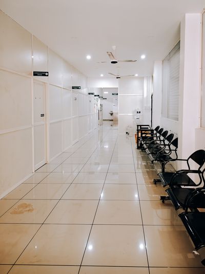 Clean modern hospital corridor