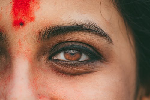 Brown women eye macro shot. Macro shot of a womnn's eyes. close up view of adult asian female eye with eyelashes and eyebrow looking in front confidently.