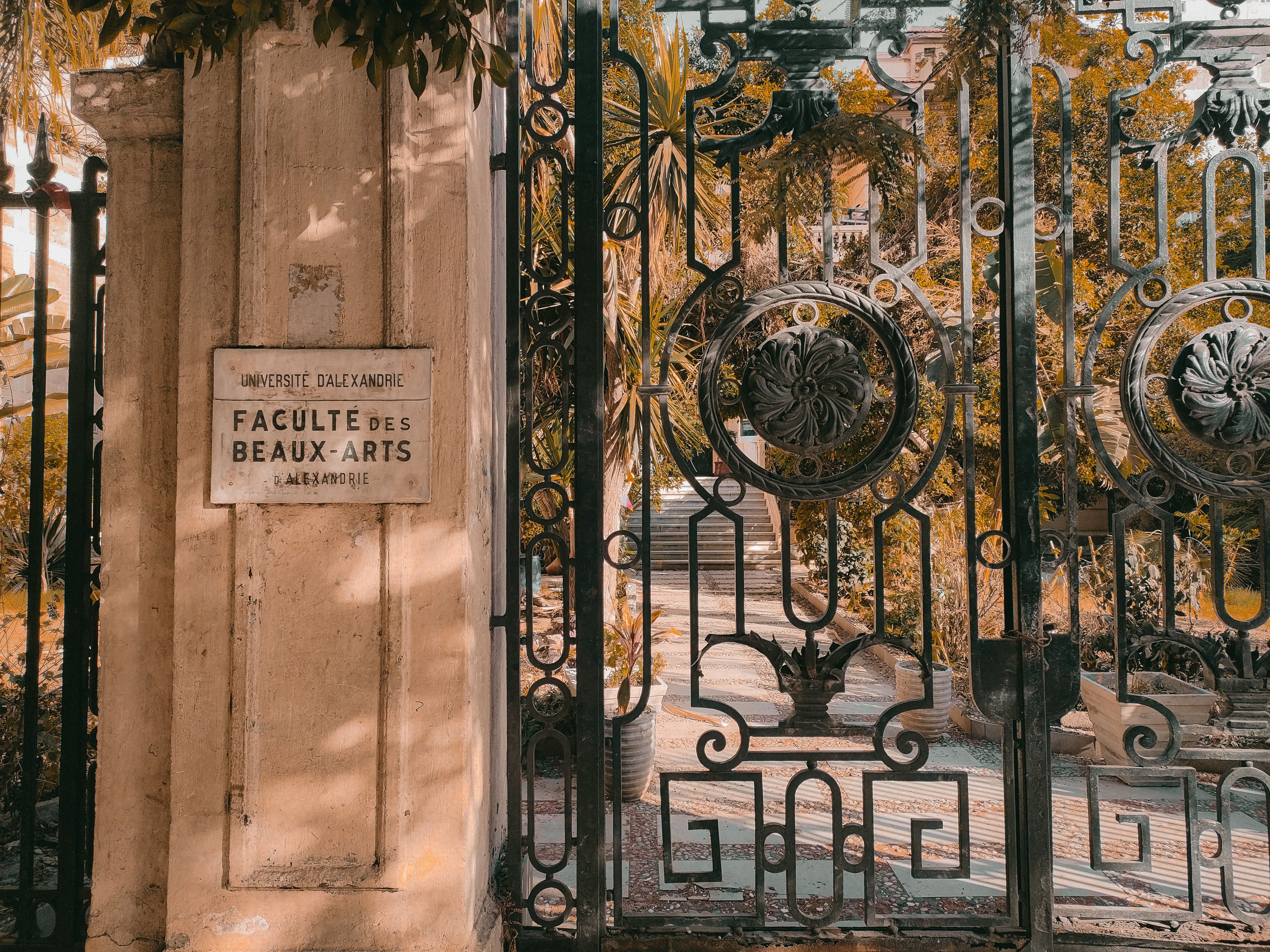 Ornate iron gate of the Faculty of Fine Arts, Alexandria University, showcasing intricate design.