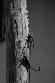 Black and white photo of a rustic wooden post with a hook and shadow.