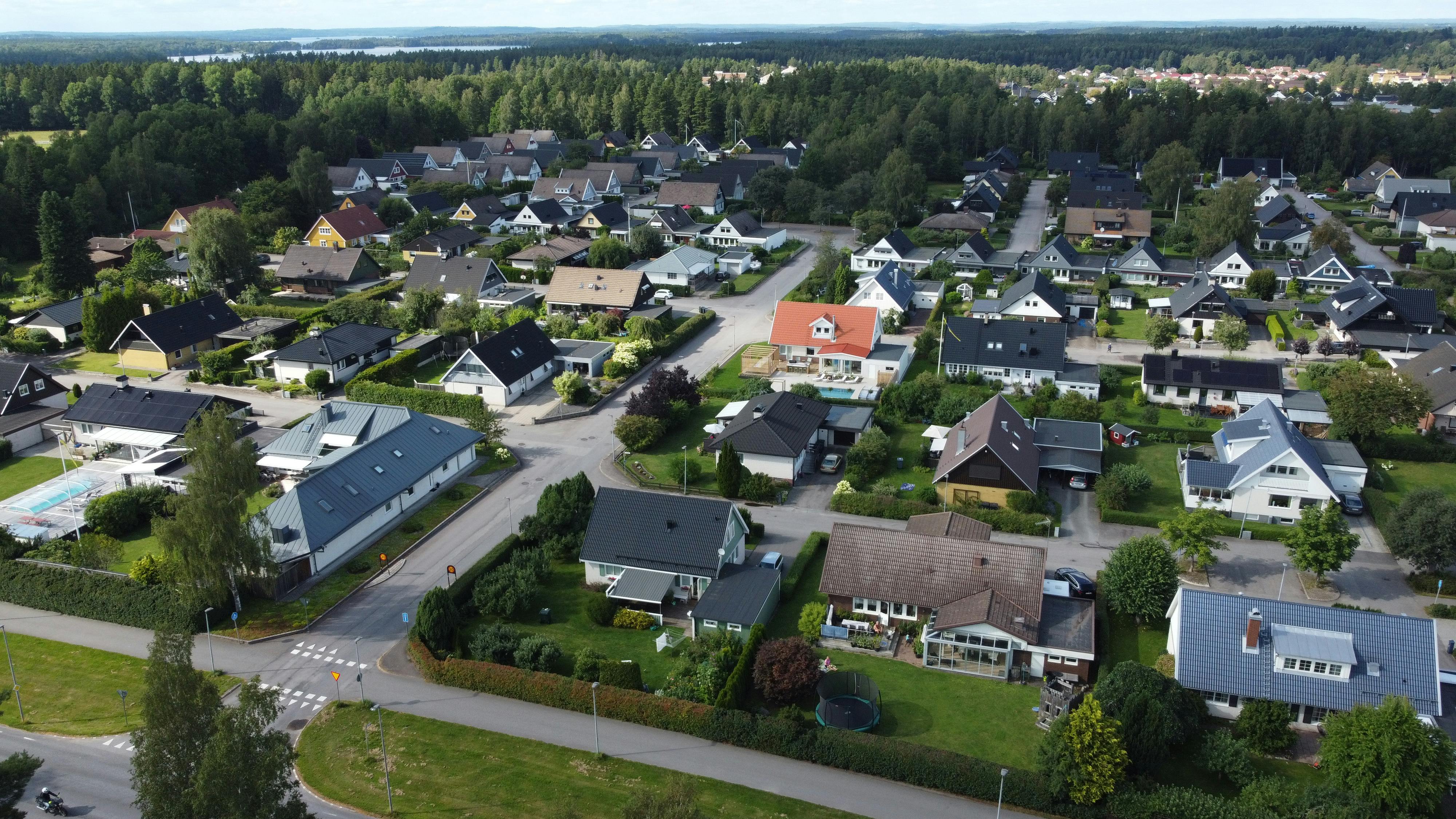 Aerial view of a tranquil suburban neighborhood with lush greenery and uniform houses.