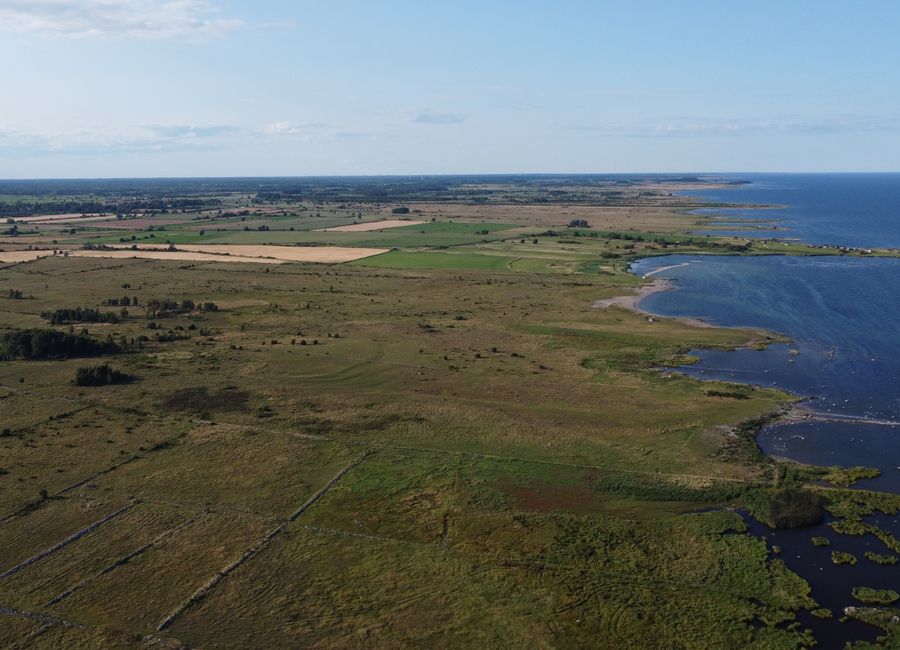 A stunning aerial view of a Swedish coastal landscape with fields and sea.